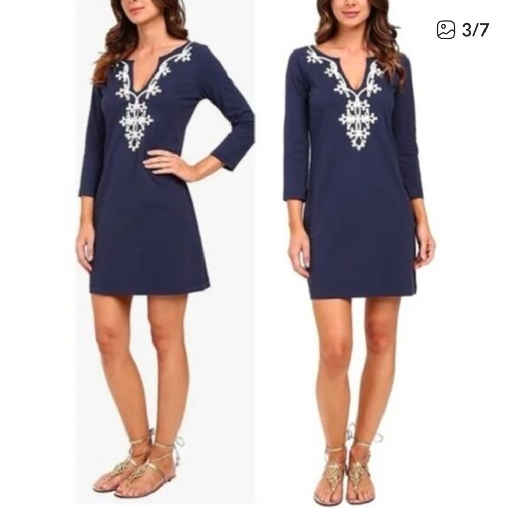 Lilly Pulitzer Navy Dress with White Embroidery Pima Cotton Small